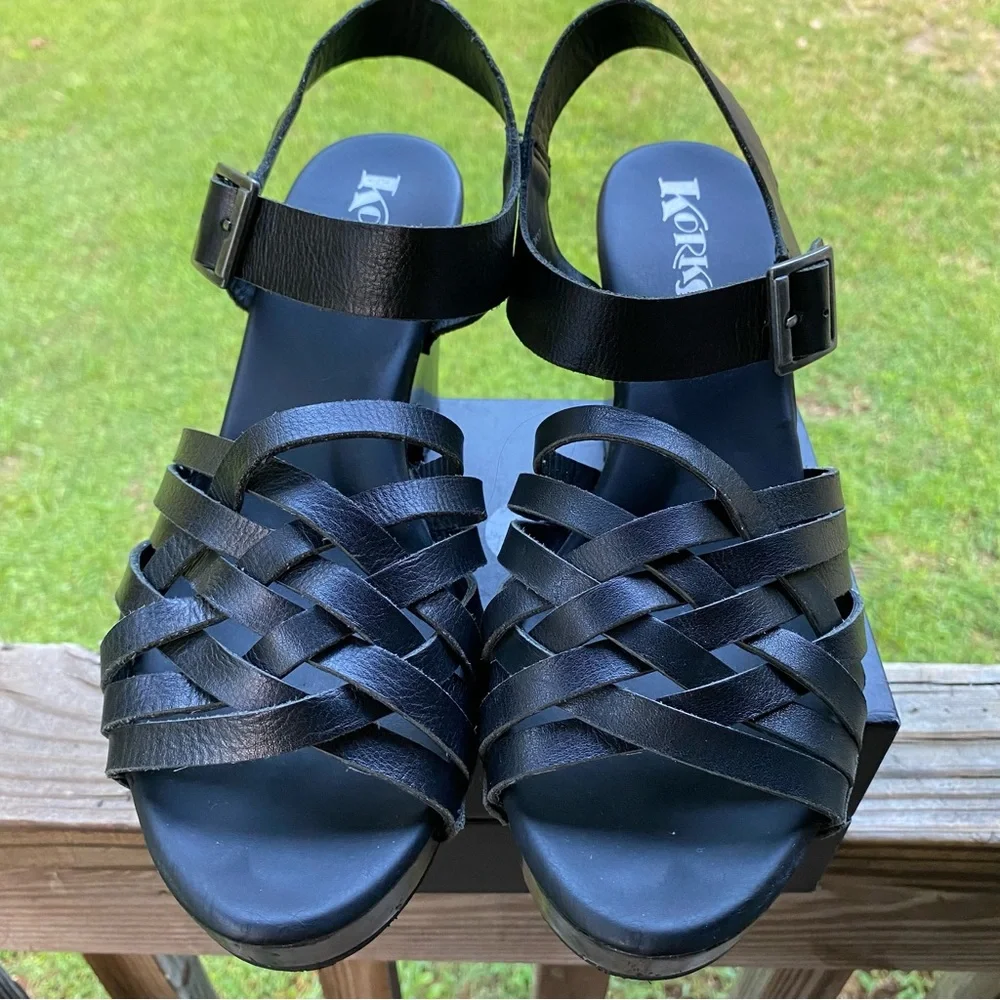 ✅ Korks Wooden Platform Wedge Heels‎ Black Leather Strappy Womens size 10